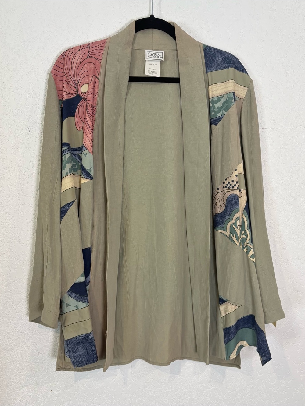 Vintage 90s Olive Green Floral-Trim Open Kimono